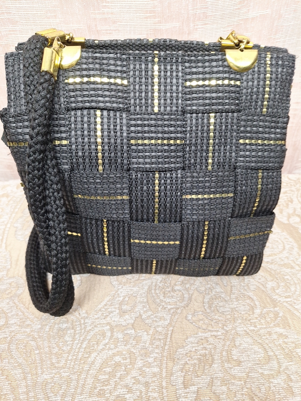 Woven Black Shoulder Bag with Gold Trim